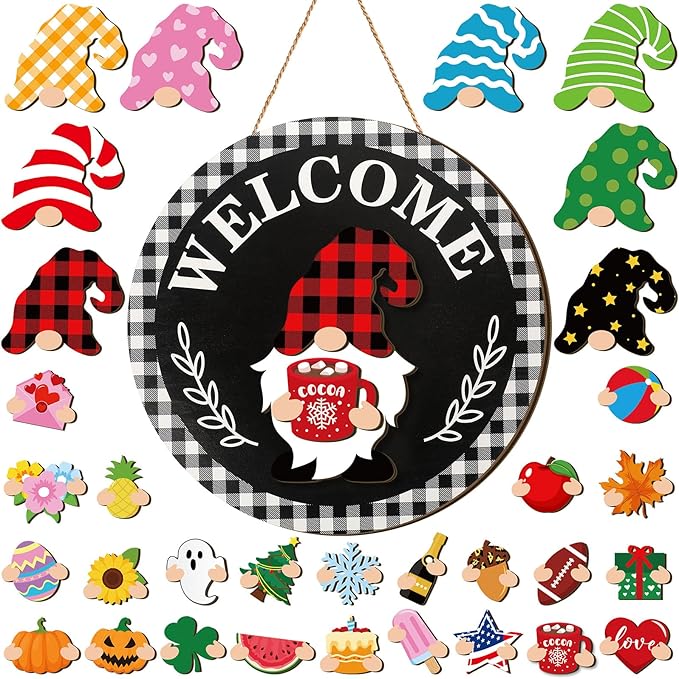 Qunclay Interchangeable Wooden Gnome Decor Holiday Seasonal Gnome Decorations with Magnet Pieces and Detachable Hats Changeable Welcome Sign for Home(Stylish)