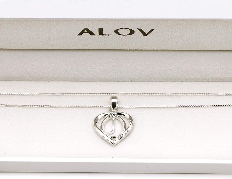 ALOV Jewelry Sterling Silver Initial Letter Alphabet Love Heart Cubic Zirconia Pendant Necklace