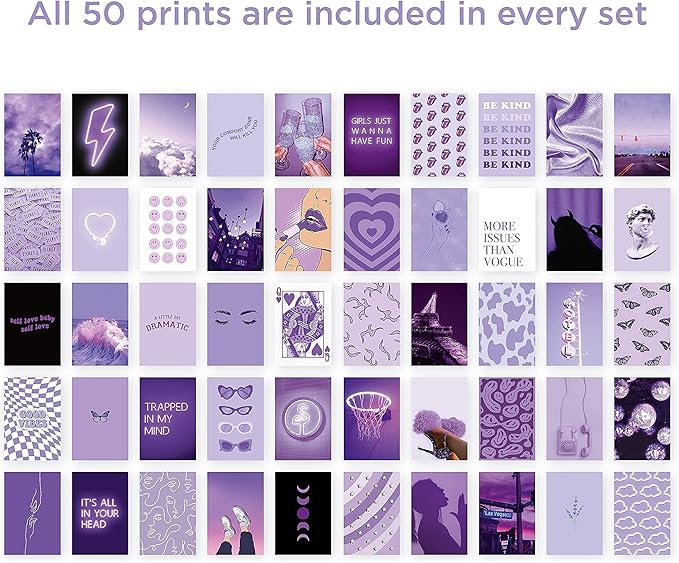 HAUS AND HUES Purple Wall Collage Kit - Set of 50 Aesthetic Wall Art Photo Collage for Dorm Room Decor