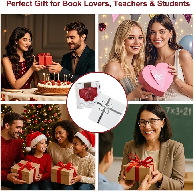 BygoneMark Magnetic Leather Bookmark with Pen Holder, Personalized Custom Initial Page Marker & Pen Clip, Professional Book Accessory for Students (Dark Brown-Cross)