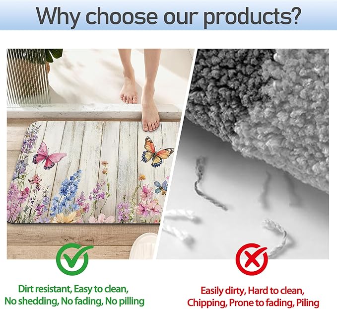 Bathroom Rug 29.5"x17",Wood Board Butterfly Flowers Super Absorbent Fast Drying Bath Mat with Non-Slip Rubber Backing, Thin Low-Profile Easy-Clean Bathroom Floor Mat for Shower or Tub