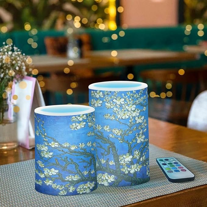 Van Gogh Almond Blossom Flickering Flameless Candles Battery Operated with Remote Timer,Tea Light Candles LED Pillar Votive Candles Set of 2 for Outdoor Indoor Decorations