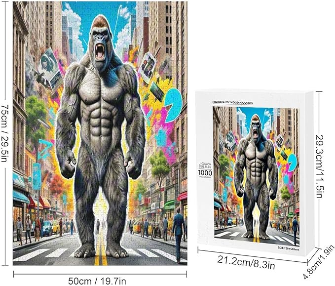 Funny Wooden Puzzle - Gorilla Attacks City Puzzle for Adult 1000 Piece，Wooden Jigsaw Puzzles Art Leisure Game Fun Suitable Family Friends Educational Learning Games Gift