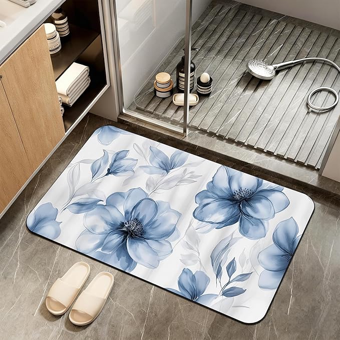 Bath Mat,Blue Gray Watercolor Floral Bathroom Rugs,Quick-Drying Non-Slip Rubber Bath Mats Absorbent Diatomaceous Earth Mat for Bathroom Home Decor 17"x29.5"