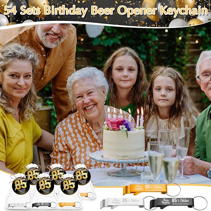 Dandat 54 Sets 85th Birthday Party Favors for Guests Birthday Opener Keychain Cheers to 85 Bottle Opener Keychain with Thank You Cards and Gift Bags for Anniversary Wedding Party Favors