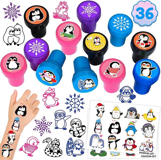 36PCS Penguin Party Favors - 24PCS Temporary Tattoos & 12PCS Stamps - Ideal Winter Animal Themed Birthday Card Decorations Supplies Goodie Bag Cute Rewards for Girls Boys Classroom Gifts Prizes