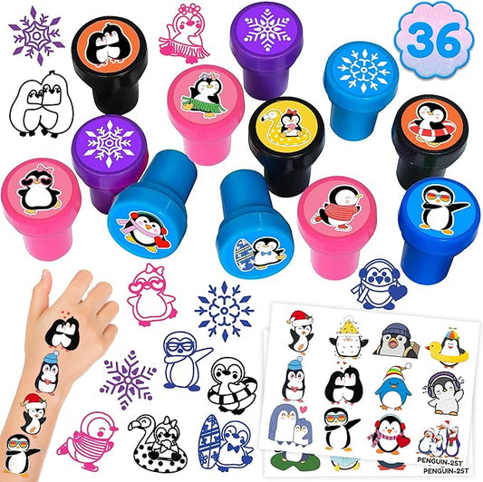 36PCS Penguin Party Favors - 24PCS Temporary Tattoos & 12PCS Stamps - Ideal Winter Animal Themed Birthday Card Decorations Supplies Goodie Bag Cute Rewards for Girls Boys Classroom Gifts Prizes