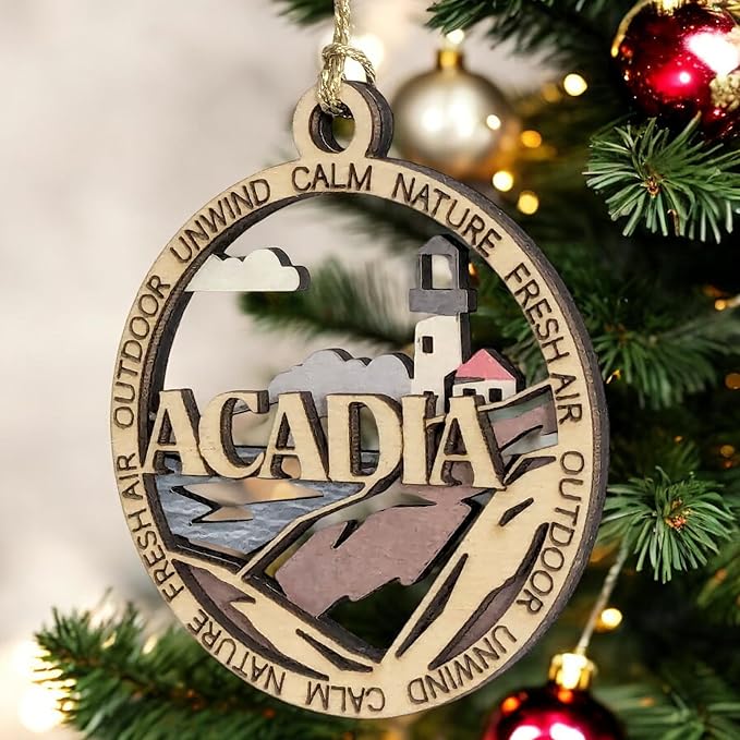Acadia National Park Lighthouse - 3" Round Wood Christmas Ornament, Handmade in USA, 2-Layer Laser Cut with Color Artwork