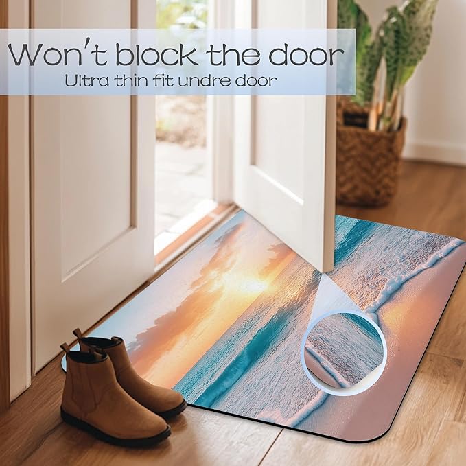 Sunset Beach Bathroom Mat, Non-Slip Rubber Backing Thin Low-Profile Bath Rug, Easy-Clean Bathroom Floor Mat for Shower, Bathtub, Kitchen, or Entryway