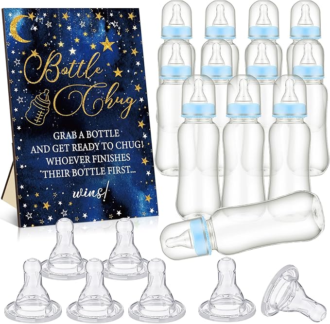 TrelaCo Star Cool Baby Shower Games Bottle Chug Sign Wooden Twinkle Moon and Star Gift Sets Gender Reveal Party Favors and 12 Pcs Baby Bottle Shower Supplies for Gender Reveal Game