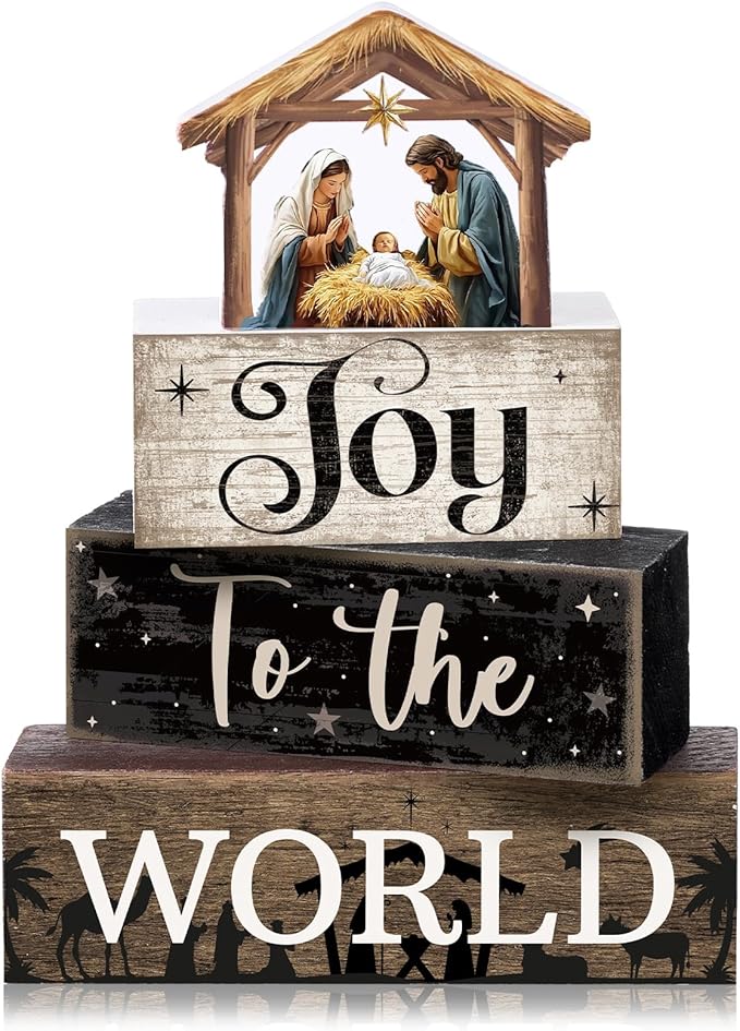 4 Pcs Christmas Table Decor Wooden Christian Religious Decoration Nativity Scene Centerpiece Joy to the World Tiered Tray Decor Farmhouse Xmas Decoration for Kitchen