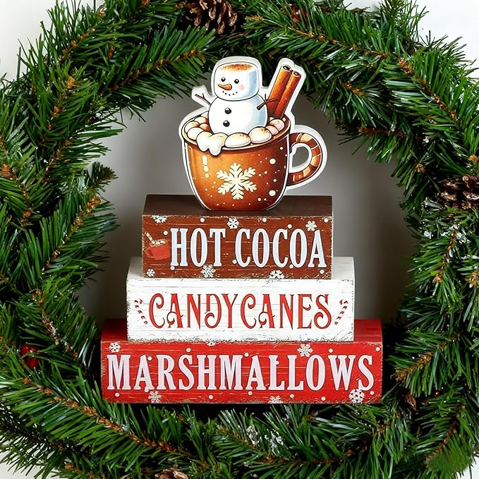 4 Pieces Christmas Hot Cocoa Wooden Table Decorations, Rustic Wooden Blocks and Cocoa Sign for Tiered Tray, Tabletop Centerpieces, Desk, Kitchen, Shelf Decor, Holiday Gift Idea
