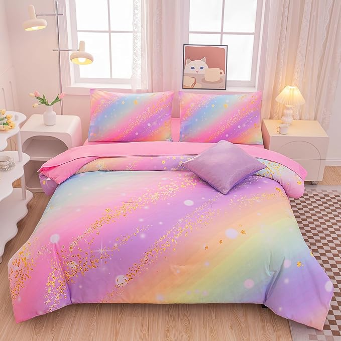 Rainbow Bedding Set Queen Size – 6-Piece Reversible Girls Comforter with Deep-Pocket Sheet, Gradient Galaxy Design, Whole-Piece Filling, Machine Washable Bed-in-a-Bag for Kids Room Makeover & Gifts
