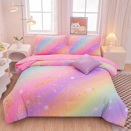 Rainbow Bedding Set Queen Size – 6-Piece Reversible Girls Comforter with Deep-Pocket Sheet, Gradient Galaxy Design, Whole-Piece Filling, Machine Washable Bed-in-a-Bag for Kids Room Makeover & Gifts