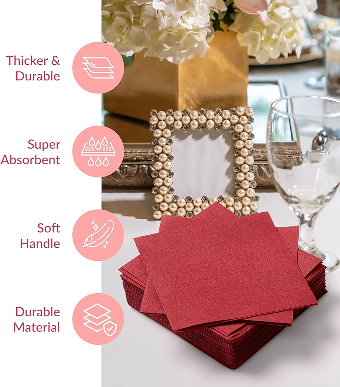 Prestee Linen Feel Guest Towels - Paper Hand Towels - Cocktail Napkins - 5inch Folded / 9.5inch Unfolded - 200 count - Soft and Absorbent Disposable Napkins for Parties and Events - Red