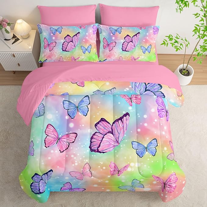 7Pcs Comforter Set Rainbow Butterfly Printed Bedding Set with 1 Comforter, 1 Flat Sheet, 1 Fitted Sheet and 4 Pillowcases for Boys and Girls Bedroom All Season(Queen)