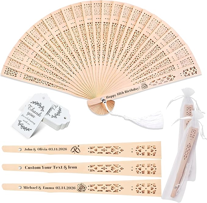 50 Pcs Personalized Sandalwood Wood Handheld Folding Fans with Organza Bags Wedding Fans Custom Name Text Icon Gift for Wedding Graduation Party Guests Baby Shower (50)