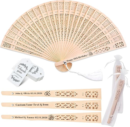 10 Pcs Personalized Sandalwood Wood Handheld Folding Fans with Organza Bags Wedding Fans Custom Name Text Icon Gift for Wedding Graduation Party Guests Baby Shower (10)
