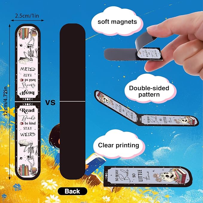 Skeleton Reading Bookmark Magnetic Gift - Wxiben 30 Pcs Gothic Skull Bookmarks Magnetic Floral Skeleton Book Marks Page Magnets Marker Clip for Women Men Students Teacher Book Lovers Bookish