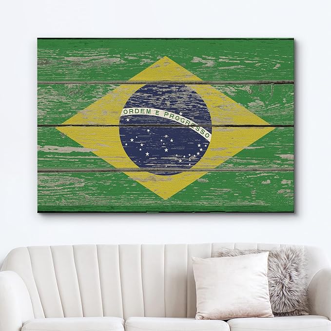 wall26 Canvas Print Wall Art Brazilian Flag on Vintage Retro Wood Panels Pop Culture Cultural Digital Art Modern Art Traditional Colorful for Living Room, Bedroom, Office - 24"x36"