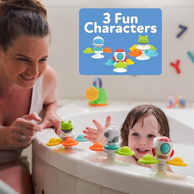 Nuby Suction Spinner Toys with Spinning Poppers – 3 Pack Baby Fidget Toys for High Chair & Bath, Space Theme, 12m+