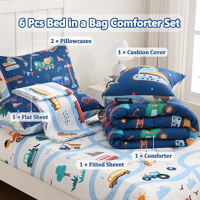 6 Pcs Bed in A Bag Twin Comforter Set for Boys,Construction Excavator Comforter,Truck Bedding Sets with Sheets for Kids