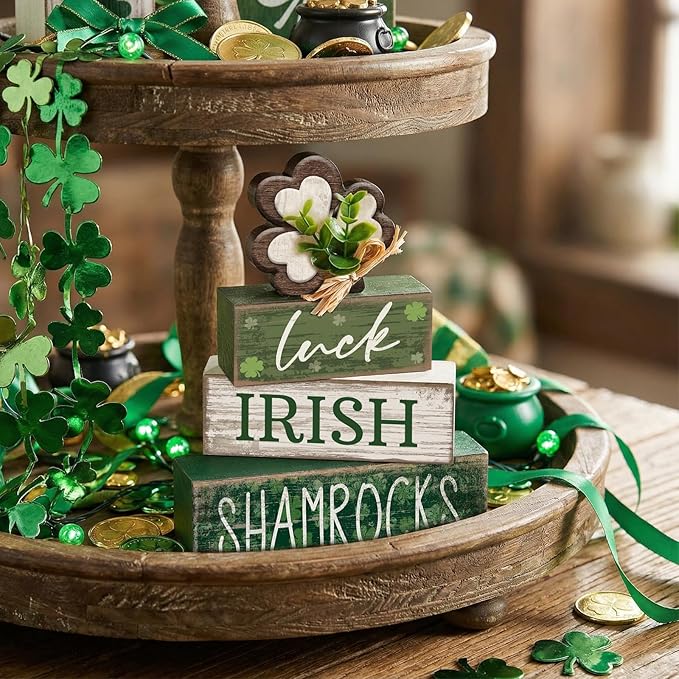 4 Pcs St. Patrick's Day Table Decorations Wooden Shamrocks Green Lucky St. Patrick Tiered Tray Decor Farmhouse Shamrock Blocks Signs Gifts Irish Themed Centerpiece Decorations for Home Decor