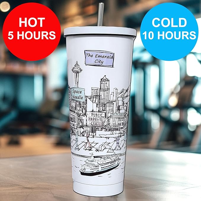 Cities Around the World 25 Oz Tumbler Series- Designed in the USA- Vacuum Insulated Tumbler with Lids Straw - Stainless Steel Coffee Water Travel Mug, Cup for Hot Cold Drink (Seattle)