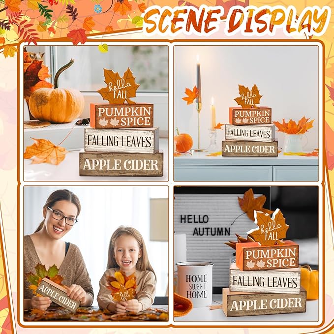 4 Pcs Fall Decor Wooden Maple Leaf Decoration Thanksgiving Tiered Tray Decor Rustic Wooden Maple Leaf Block Sign Thanksgiving Table Centerpiece Farmhouse for Autumn Harvest Party Home Kitchen