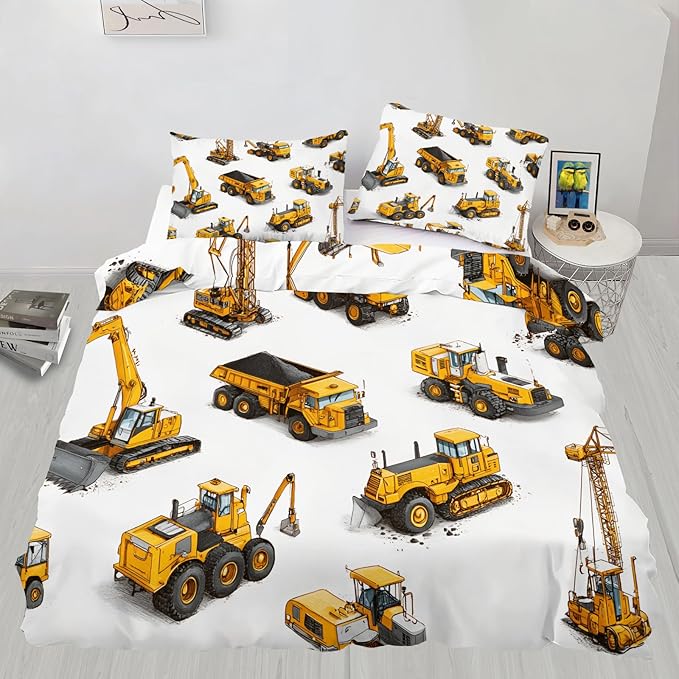 Construction Vehicles Duvet Cover King Size Tractor Excavator Dump Truck Bedding Set Boys’ Construction Vehicle Comforter Set Cartoon Mechanical Car Comforter Cover With Zipper Ties for Bedroom