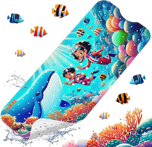 XIYUNTE Baby Bath Mat for Tub Non Slip Kids Bath Mat - 40''x16'' Extra Long Cartoon Coral Baby Bath Tub Mat Eco-Friendly Toddler Bath Mats with Suction Cups & Drain Holes Easy to Clean & Easy Drying