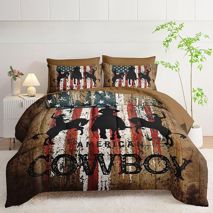 7Pcs Western Cowboy Comforter Set American Flag Printed Bedding Set with 1 Comforter, 1 Flat Sheet, 1 Fitted Sheet and 4 Pillowcases for Bedroom All Season(Cowboy Full)