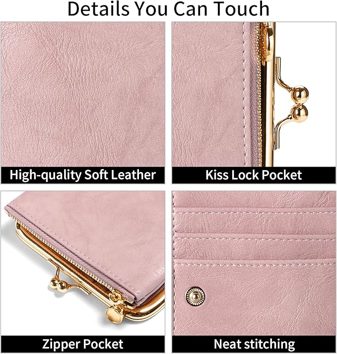 Wallet Women Small RFID Blocking Bifold Leather Wallets for Women Vintage Coin Purse With Zipper and Kiss Lock