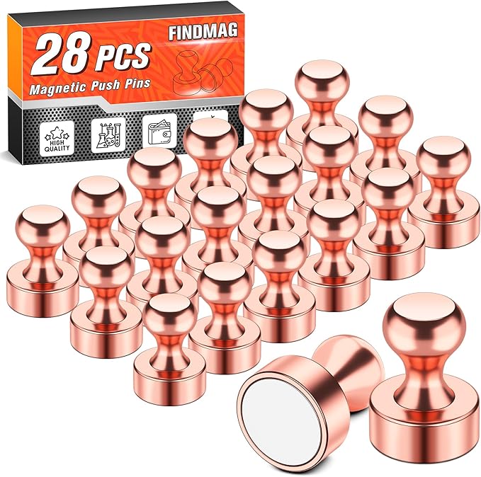 FINDMAG Refrigerator Magnets, Cool and Powerful Locker Magnet, Strong and Cute Magnetic Push Pins for Whiteboard, Stylish Dry Erase Board Magnets for Office, Classroom, Kitchen, Pack of 28 (Rose Gold)
