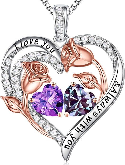 Iefil Valentines Day Gifts for Her - 925 Sterling Silver Rose Heart Birthstone Necklace Birthday Anniversary Jewelry Gifts for Her Wife Mom Daughter