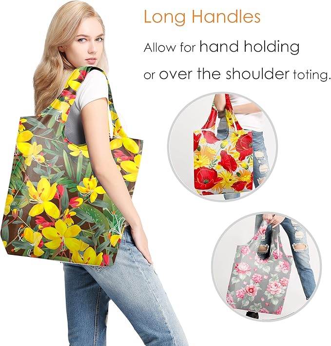 BeeGreen Froral Reusable Grocery Bags Reusable Kitchen Bags Bulk Foldable-Machine Washable with Zipper Storage Pouch 6 Packs