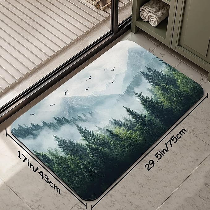 Misty Forest Bathroom Rug 29.5"x17",Green Tree Landscape Quick-Drying Super Absorbent Diatomite Bath Mat with Non-Slip Backing, Thin Washable Bathroom Floor Mat Fits Under Door for Shower, Sink