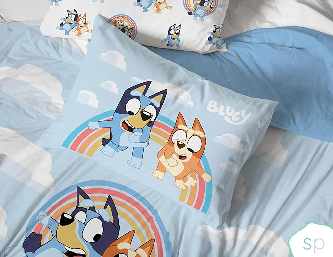 Saturday Park Bluey and Bingo Rainbow Clouds Twin Duvet Cover & Sham Set - 2 Piece 100% Organic Cotton Duvet Set - GOTS & Oeko-TEX Certified