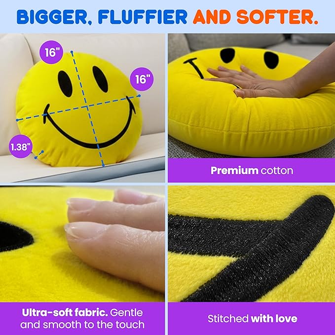 Smiley Face Pillow - Cute Plush for Fun Bedroom Decor - 16" X 16" Soft Cotton Cool Kids' Throw Pillows with Inserts Included - Birthday Gift - Room Decor Aesthetic for Bedroom. (Blue)