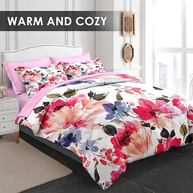 Comforter Set King Size, Flower Floral Leaf 7 Pcs Bedding for Kids and Adults, Painting Summer Spring Bed Sheet Sets with Fitted Sheet 2 Pillowcases & 2 Shams for Bedroom Bed Decor