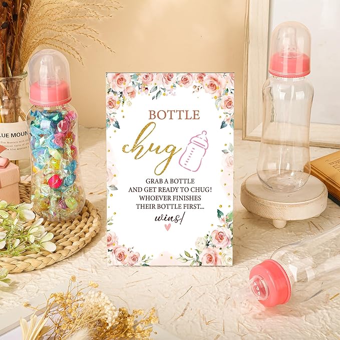 TrelaCo Floral Cool Baby Shower Games Bottle Chug Sign Wooden Floral Gift Sets Gender Reveal Party Favors and 12 Pcs Baby Bottle Shower Supplies for Games Gender Reveal