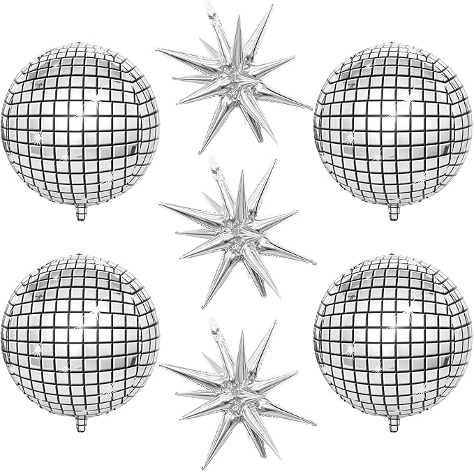 22 Inch Large 4D Metallic Silver Disco Ball Balloon with Explosion Star Foil Balloons for 70s 80s 90s Themed Party, Birthday, New Year, Graduation