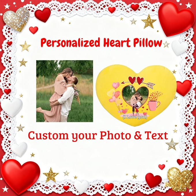 Custom Heart Pillow with Photo Text, Personalized Heart Shaped Pillow with Insert as Valentine Pillows Home Decor Personalized Gifts for Husband Wife Kids Family on Valentines Day Anniversary