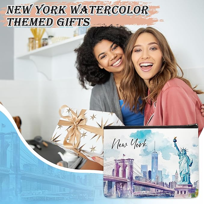 New York Makeup Bag, Watercolor NYC Travel Cosmetic Pouch, New York Souvenir Gift for Women, USA-Themed Toiletry Organizer for Trips & Daily Use