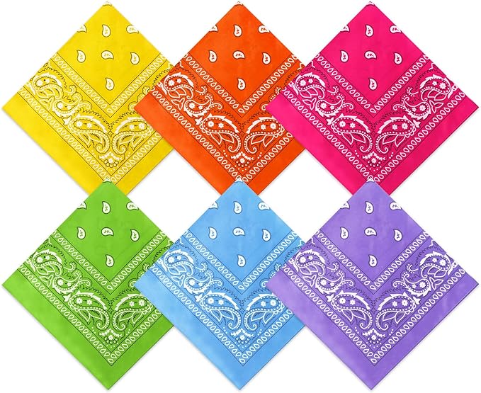 Blulu 6 Pcs Neon Color Cowboy Bandanas for Men Women Assorted Paisley Pattern Handkerchiefs 22 x 22 Inch Kids Headwrap Scarfs