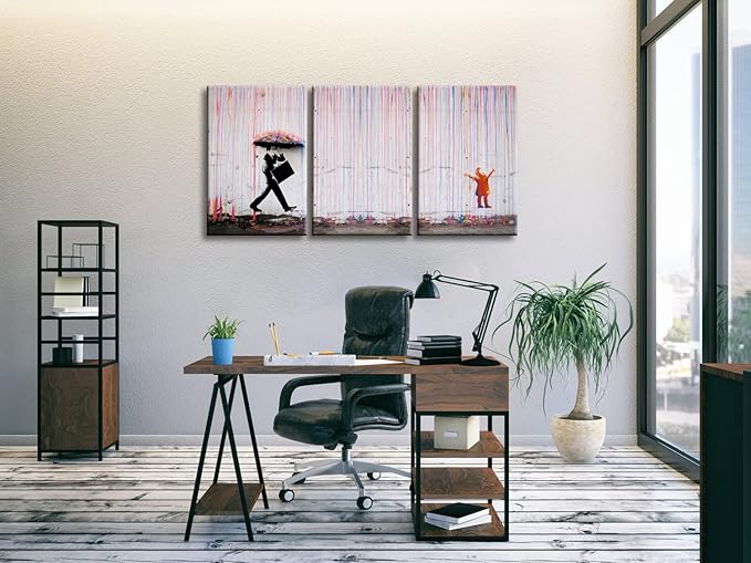 Wieco Art 3 Piece Banksy Famous Canvas Paintings Wall Art Raining day Modern Large Inspirational Grey Love Pictures Print Artwork for Dining Room Kitchen Home Office Decor