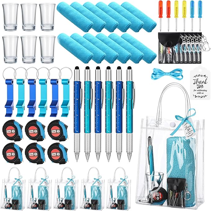 Leinuosen 6 Set Baby Shower Prizes for Men with Cleaning Cloth Bottle Opener Screwdriver Tape Measuring Keychain Multi Tool Pen Gift Bag Baby Shower Game Prizes for Winner(Blue,Classic Style)