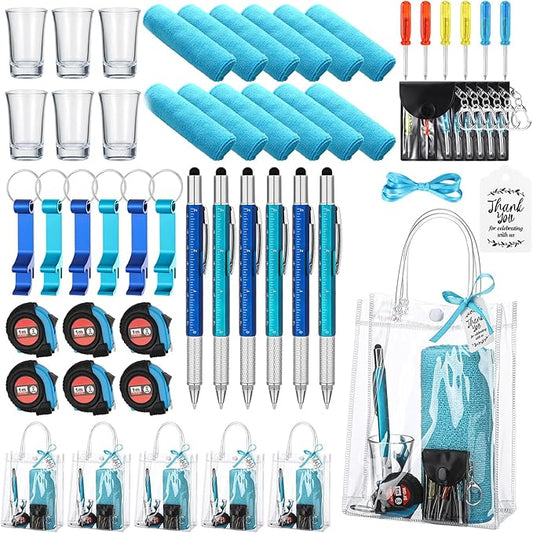 Leinuosen 6 Set Baby Shower Prizes for Men with Cleaning Cloth Bottle Opener Screwdriver Tape Measuring Keychain Multi Tool Pen Gift Bag Baby Shower Game Prizes for Winner(Blue,Classic Style)