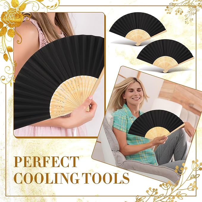 Yinkin 100 Pack Folding Fans Bamboo Handheld Folded Craft Hand Japanese Chinese Fans for Weddings Bridal Dancing Church DIY Decoration Women Kids Gift Party Favors (Black)