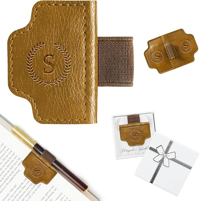 BygoneMark Magnetic Leather Bookmark with Pen Holder, Personalized Custom Initial Page Marker & Pen Clip, Professional Book Accessory for Students (Light Brown-S)